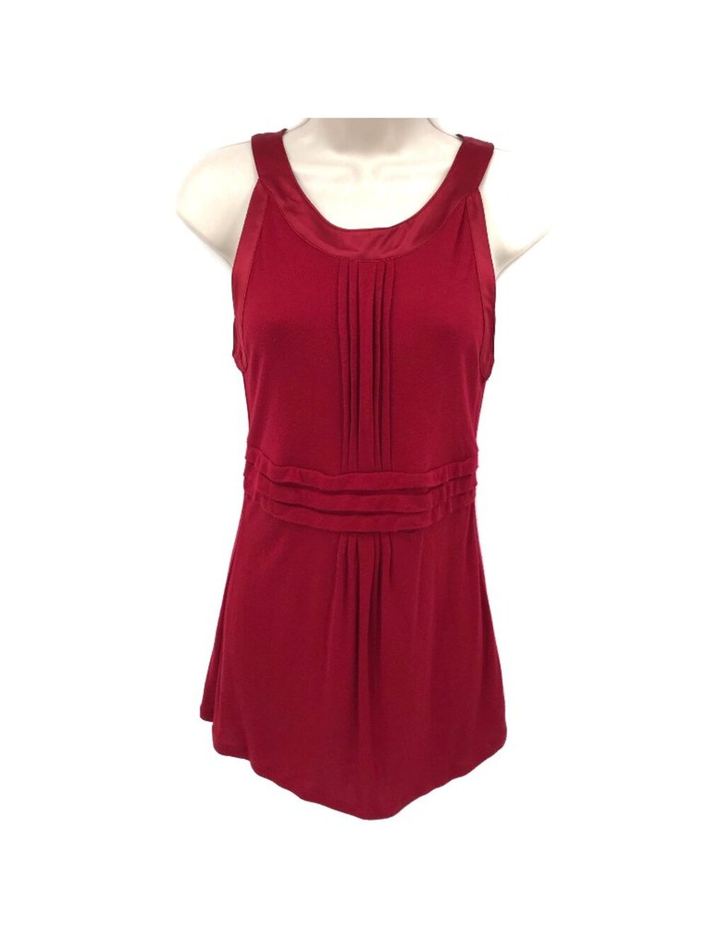 Ann Taylor Loft Red Sleeveless Pleated Front Satin Trim Tunic Blouse Size S